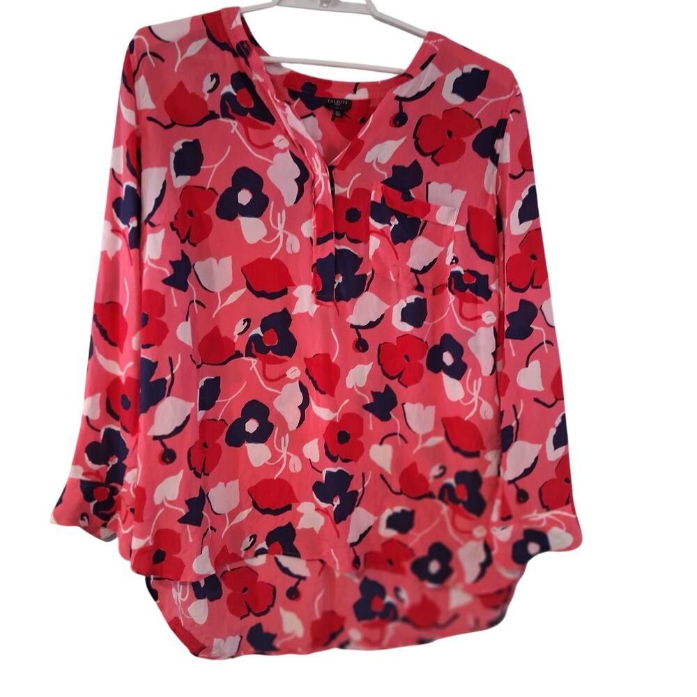 Talbots shirt womens 2X 100% silk floral popover pink red tunic blouse